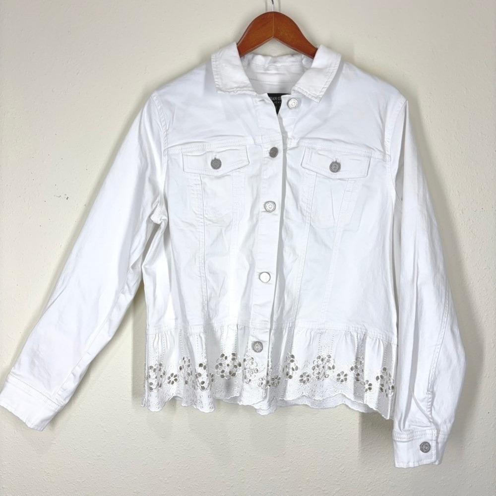 Susan Graver Womens Denim Jacket M White Eyelet Peplum Ruffle Trim Stretch Boho